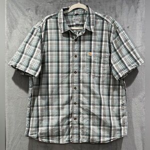 Carhartt Button Down Shirt Mens XL Relaxed Fit Gray Plaid Short Slv Pockets Work